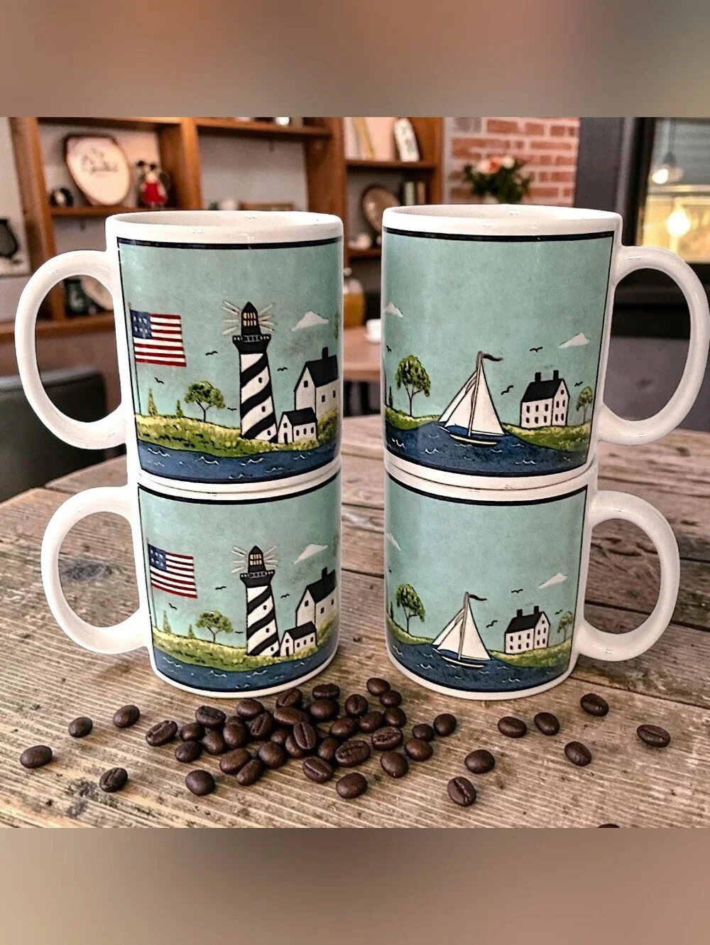 4 Vtg Sakura Coastal Breeze Coffee Mugs Warren Kimble Nautical 10oz Beach House